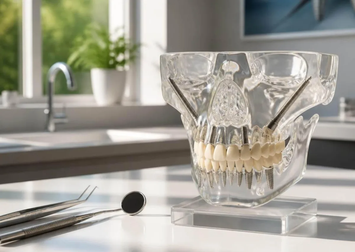 Dental model showing zygomatic dental implants anchored in the upper jaw to support replacement teeth.