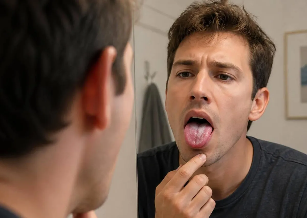 Man examining his tongue in the mirror, noticing white patches that may be signs of oral thrush.